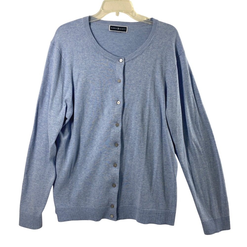 Karen Scott Cardigan Women XL Blue Button Up Preppy Classic Coastal‎ Sweater